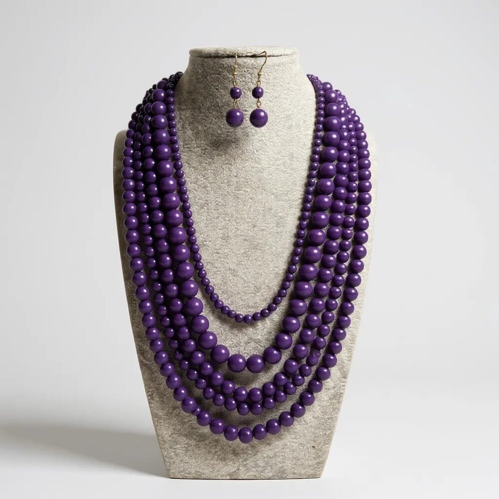 Five Layers Purple Lucite Bead Necklace earring Set